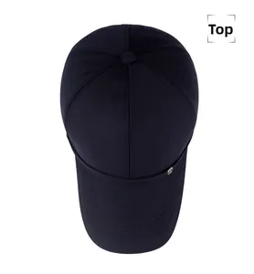 Top view of a black cotton baseball cap showing six-panel stitching and metal detail