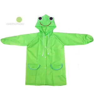 Green frog cartoon kids raincoat with hood and pockets in a clean flat lay style