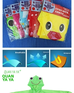 Detail view of cartoon animal raincoats showing waterproof and breathable features