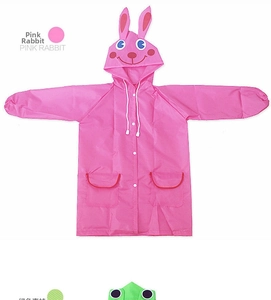 Pink rabbit children raincoat with 3D ears, white buttons, and front pockets detail