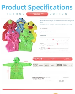 Detailed size chart for kids animal raincoats with measurements and care instructions