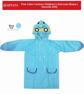 Detail of blue waterproof polyester kids raincoat with yellow cartoon car hood design