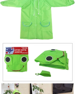 Detail showing green frog cartoon kids raincoat with matching portable storage bag