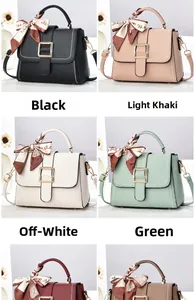 Collage of leather handbags with silk scarves and metal buckles in six trendy colors