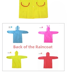 Rear view of colorful hooded kids raincoats with cartoon animal and vehicle prints