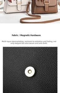 Detail view of gold magnetic buckle and lychee grain texture on crossbody bag