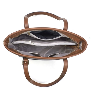 Internal view of brown leather tote showing compartment pockets and lining