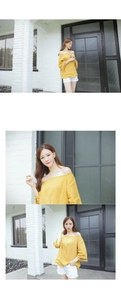 Detail of yellow off-shoulder top with tassel flared sleeves and breathable linen fabric