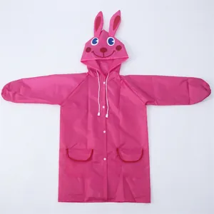 Pink cartoon rabbit hooded raincoat for kids featuring cute 3D ears and front pockets