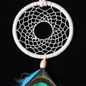 Detail of handmade dreamcatcher showing white woven net, wooden bead, and peacock feather