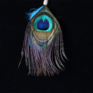 Macro detail of a peacock feather car pendant with vibrant blue-green eyes and wood bead