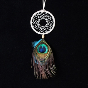 Detailed view of handmade dream catcher featuring a vibrant peacock feather and woven net