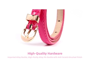 Close-up of bright pink skinny leather belt with a golden alloy buckle detail