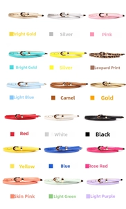Detailed display of slim faux leather belts for women in multiple colors with gold buckles