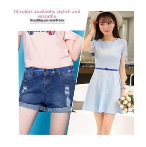 Blue skinny leather belt with gold buckle shown on denim shorts and lace dress outfits
