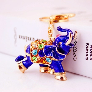 Creative elephant keychain with dark blue enamel and colorful rhinestones on a gold alloy ring