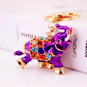 Creative elephant keychain with purple enamel finish and colorful rhinestones on gold alloy