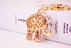 Detailed view of a golden hollow elephant keychain with intricate metal patterns on a book