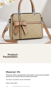 Detail of khaki tote bag showing interior compartments and large decorative bow