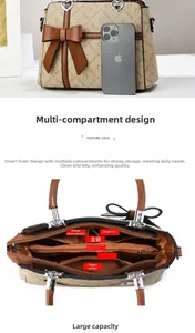 Detail view of large capacity beige tote with internal compartments and multiple pockets