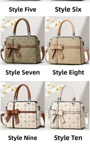 Detailed collage of four elegant patterned handbags with decorative bows and top handles