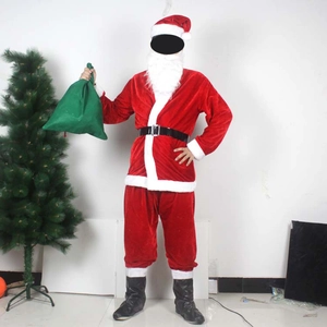Detailed view of complete Santa Claus costume set with red suit and green gift bag