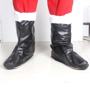 Detail of black faux leather Santa boot covers with matte finish and pleated texture design