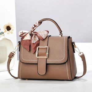 Women Handbag Litchi Grain PU Leather Crossbody Shoulder Bag Structured Flap With Satin Scarf Elegant Versatile Large Capacity