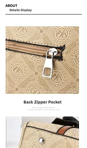 Detail view of the rear zipper pocket on a printed crossbody bag with silver hardware