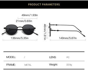 Detaillierte technische Zeichnung der ovalen Metall-Sonnenbrille mit genauen Abmessungen