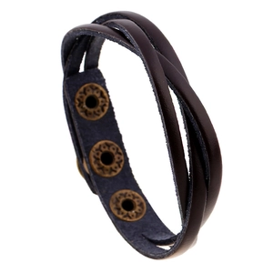 Braided dark brown leather bracelet with adjustable vintage bronze snap buttons