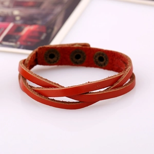 Detail view of red multilayer genuine leather bracelet with three adjustable metal snaps