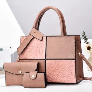 3-piece fashion tote set with pink crocodile pattern and brown faux leather stitching