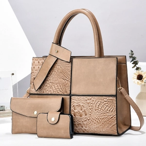 Three-piece beige crocodile pattern tote bag set with detachable shoulder strap