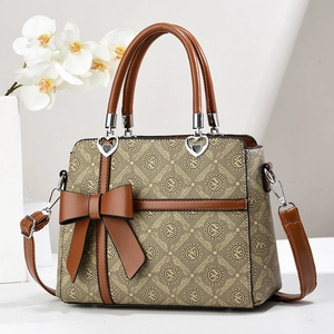 Fashion Women Handbag PU Leather Monogram Pattern Shoulder Crossbody Bag With Bow Decoration And Heart Metal Hardware