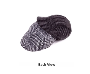 Detail showing the back view of winter plaid ivy caps in charcoal and grey patterns
