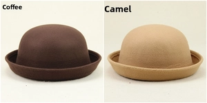 Detail view of coffee and camel colored wool felt bowler hats with rolled brims