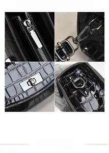 Detail shots of black crocodile texture leather bag with silver metal zipper and lock