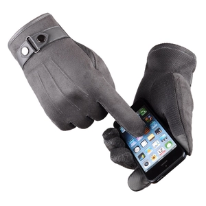 Men's dark gray suede touch screen gloves with warm lining and wrist snap strap