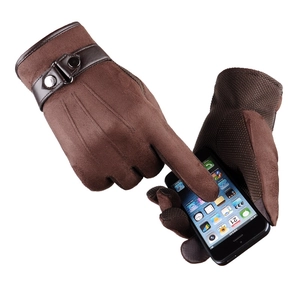 Brown faux suede winter touch screen gloves with warm lining and metal buckle wrist