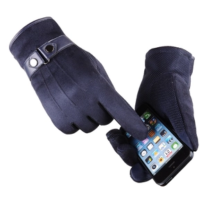 Men's navy blue suede touchscreen winter gloves with warm lining and stylish strap detail