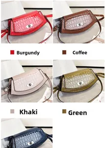 Detailed close-up of glossy crocodile pattern leather handbags in five elegant colors