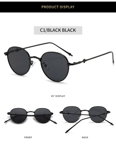 Detaillierte Vier-Winkel-Ansicht der runden Retro-Metall-Sonnenbrille in Vollschwarz