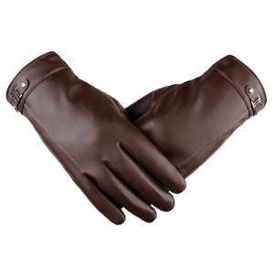 Brown faux leather touchscreen winter gloves for men featuring warm lining for outdoor cycling