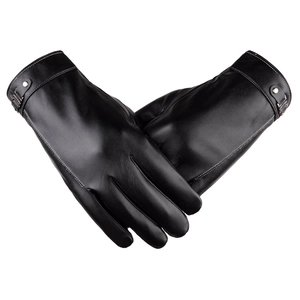 Men's thermal black PU leather touchscreen gloves with adjustable metal buckle closure