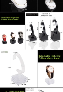 Detailed view of wood base watch display stands with acrylic holders and specific dimensions