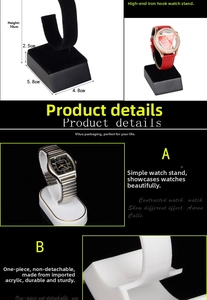 Detail view of black velvet and white acrylic watch display stands with dimensions