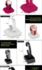 Close-up of velvet watch display stands showing various base sizes and color options