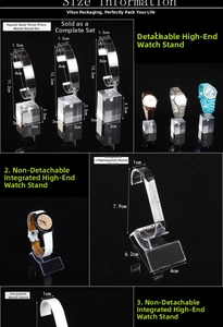Detailed size information for clear acrylic watch display stands and holder sets