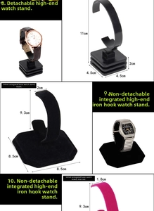 Detail view of tiered watch display stands with hooks and dimensions 11cm and 9.3cm